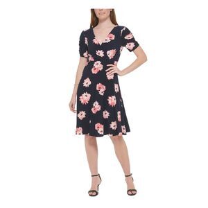 TOMMY HILFIGER Womens Navy Unlined Short Sleeve Knee Length Fit + Flare Dress 2